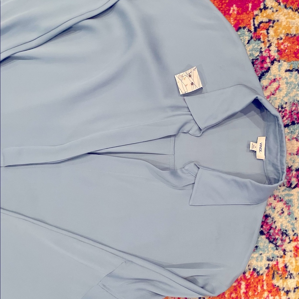 Vince. Silk long sleeve shirt, light blue. Bonus Anthropology earrings!!